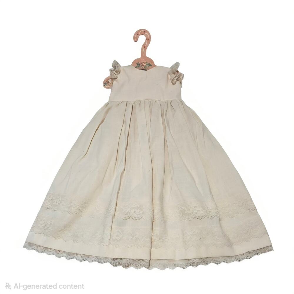Vintage Handmade Baby Dress White Cotton Lace Christening Doll Dress 1930s–1950s